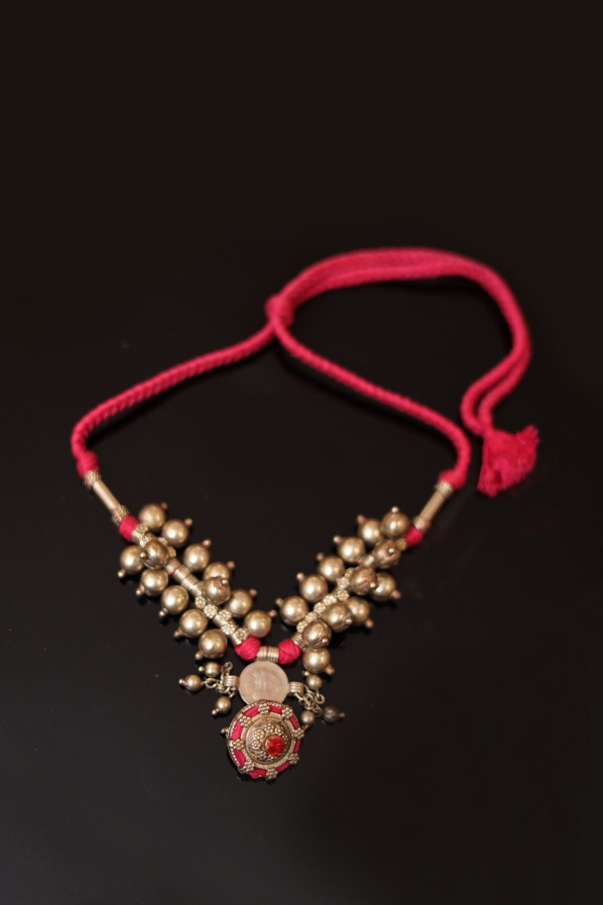 Pink Threadwork with Handcrafted Brass Bead Necklace